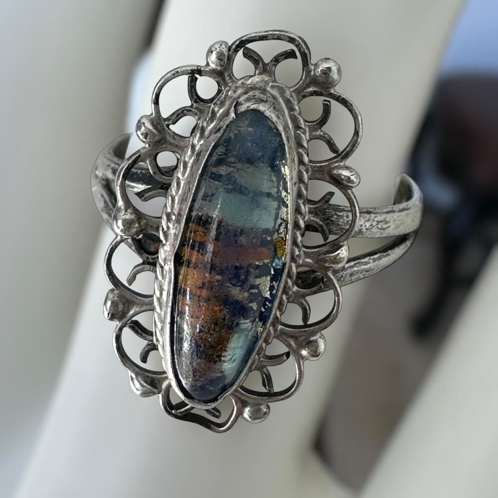 Vintage Taxco Accent Ring Size 7.75 Foil Opal Glass Cab Flower 925 Sterling 3.1g
